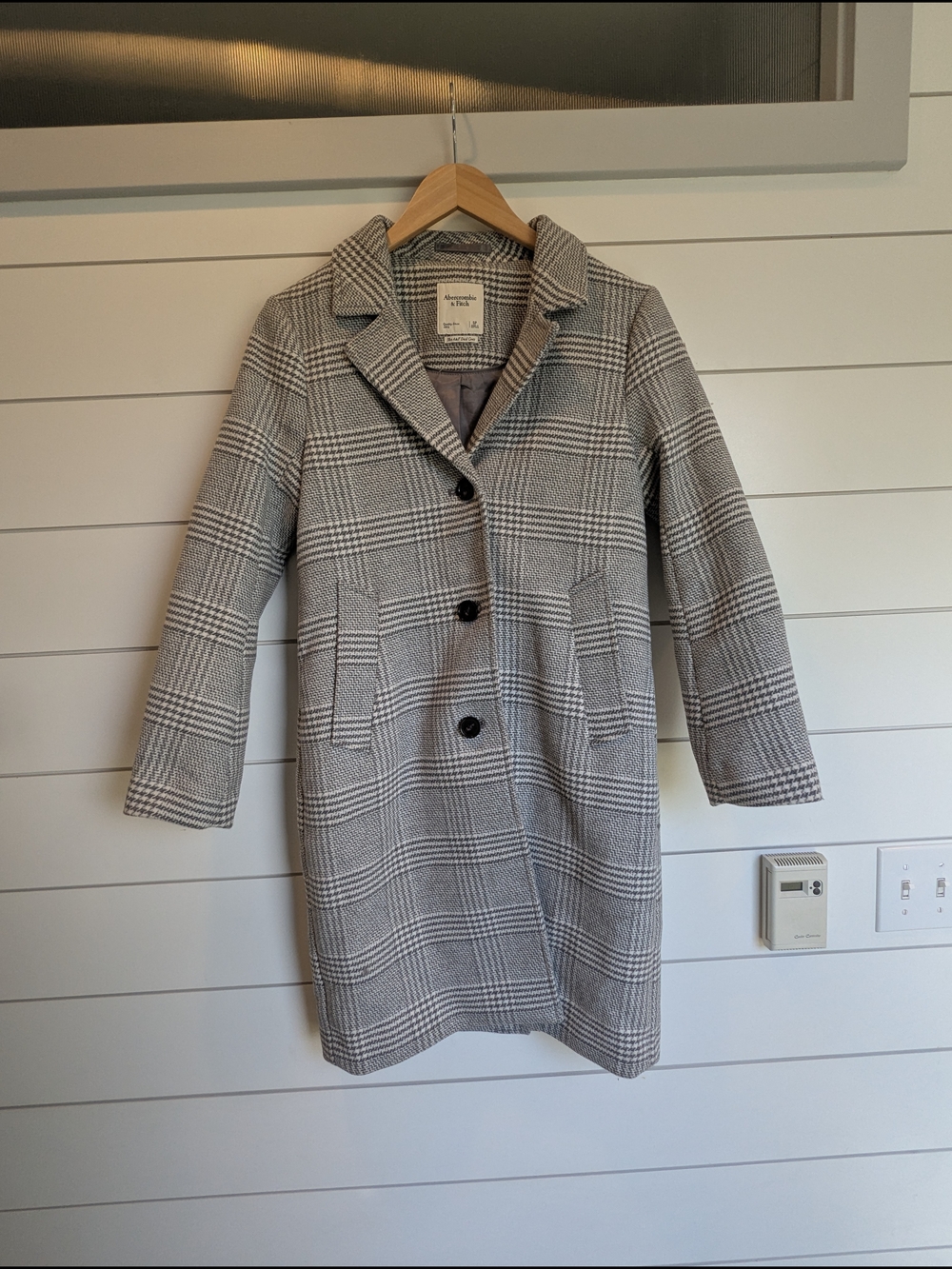 Abercrombie & Fitch Dad Pea Coat Grey Plaid Button Up Wool Blend Small Petite - Picture 4 of 16